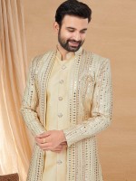 Cream Art Silk Indo Western Readymade Indo Western Sherwani